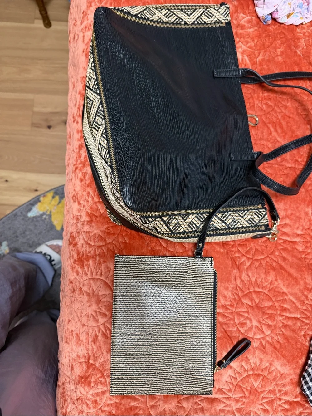 Sondra Roberts Black and Tan Striped Tote with Removable Pouch